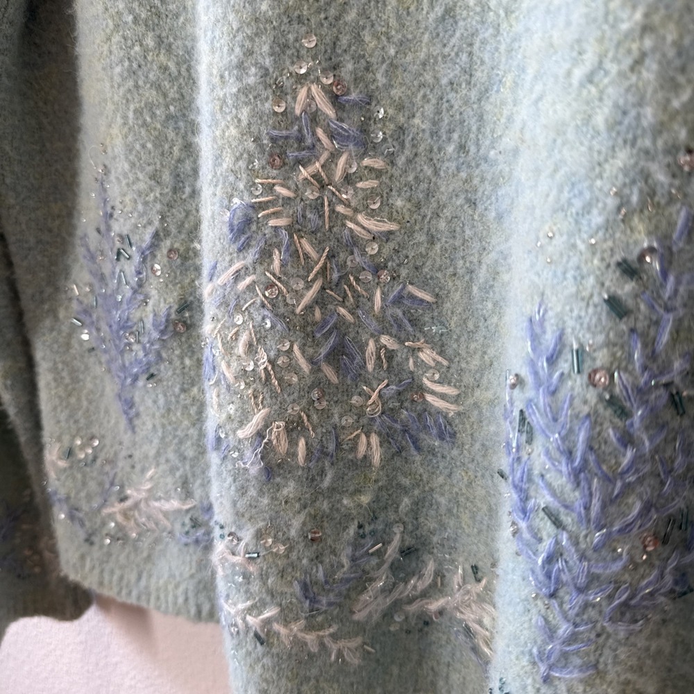 Talbots Blue Sparkle Beaded Wool Blend Stretch Christmas Tree Sweater New Large - Picture 4 of 13